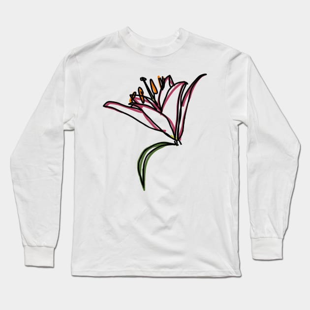 Lily Flower Color Line Drawing Long Sleeve T-Shirt by ellenhenryart